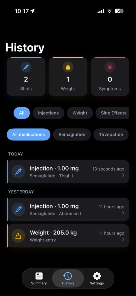 Peptide Log History screen with injection, weight, and side effect filters by medication