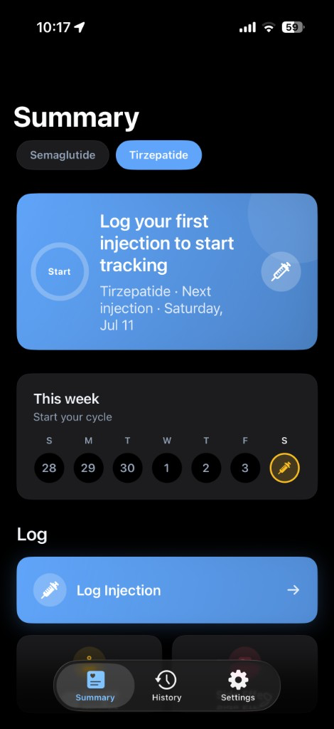 Peptide Log Summary screen with Semaglutide and Tirzepatide medication tabs and weekly schedule