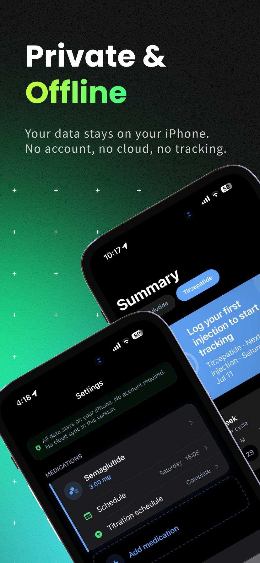 Peptide Log — Private by Default. No account, no cloud, data stays on your iPhone.